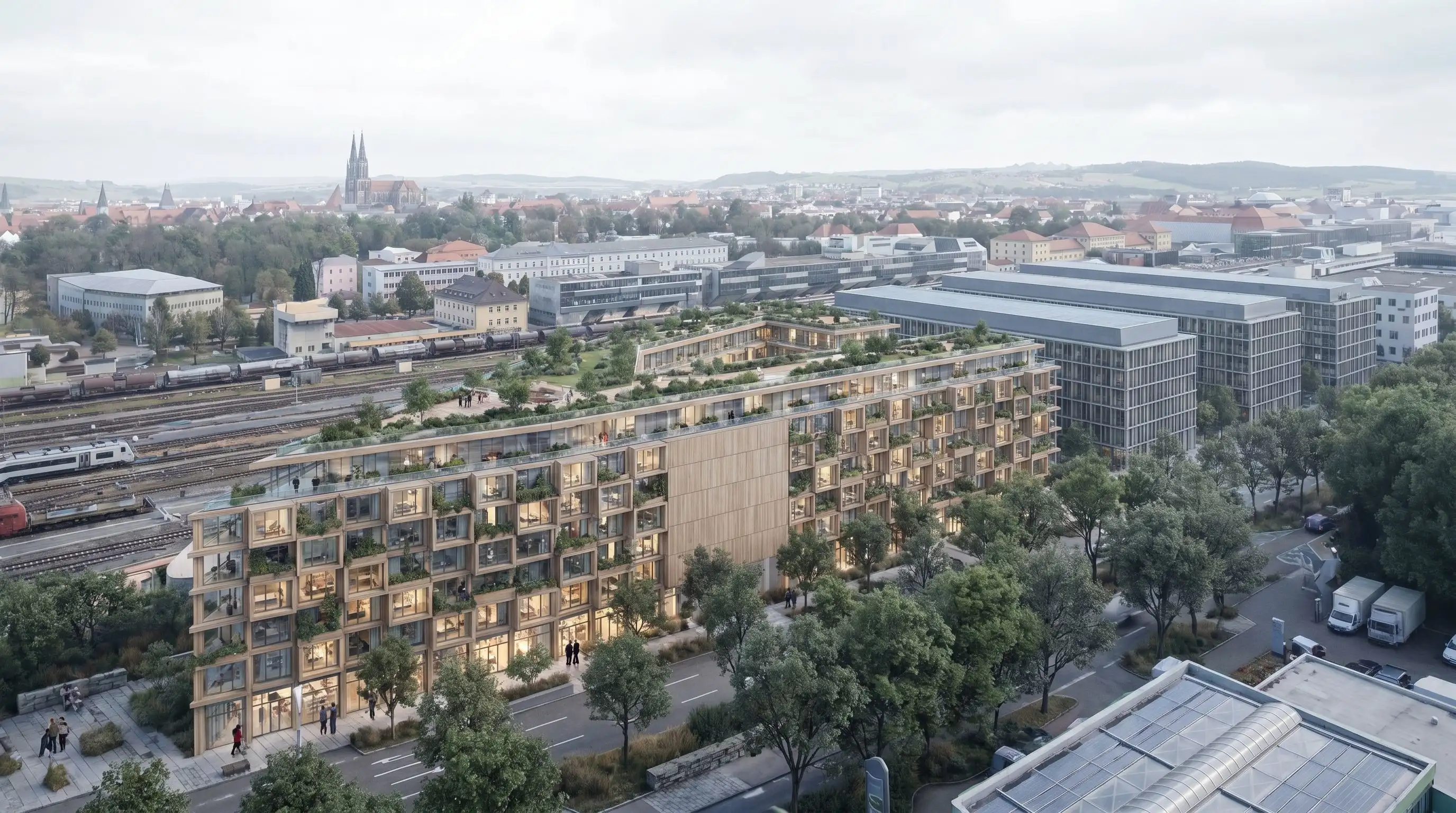 Mixed-Use-Machbarkeitsszenario in Regensburg aus der Luft.